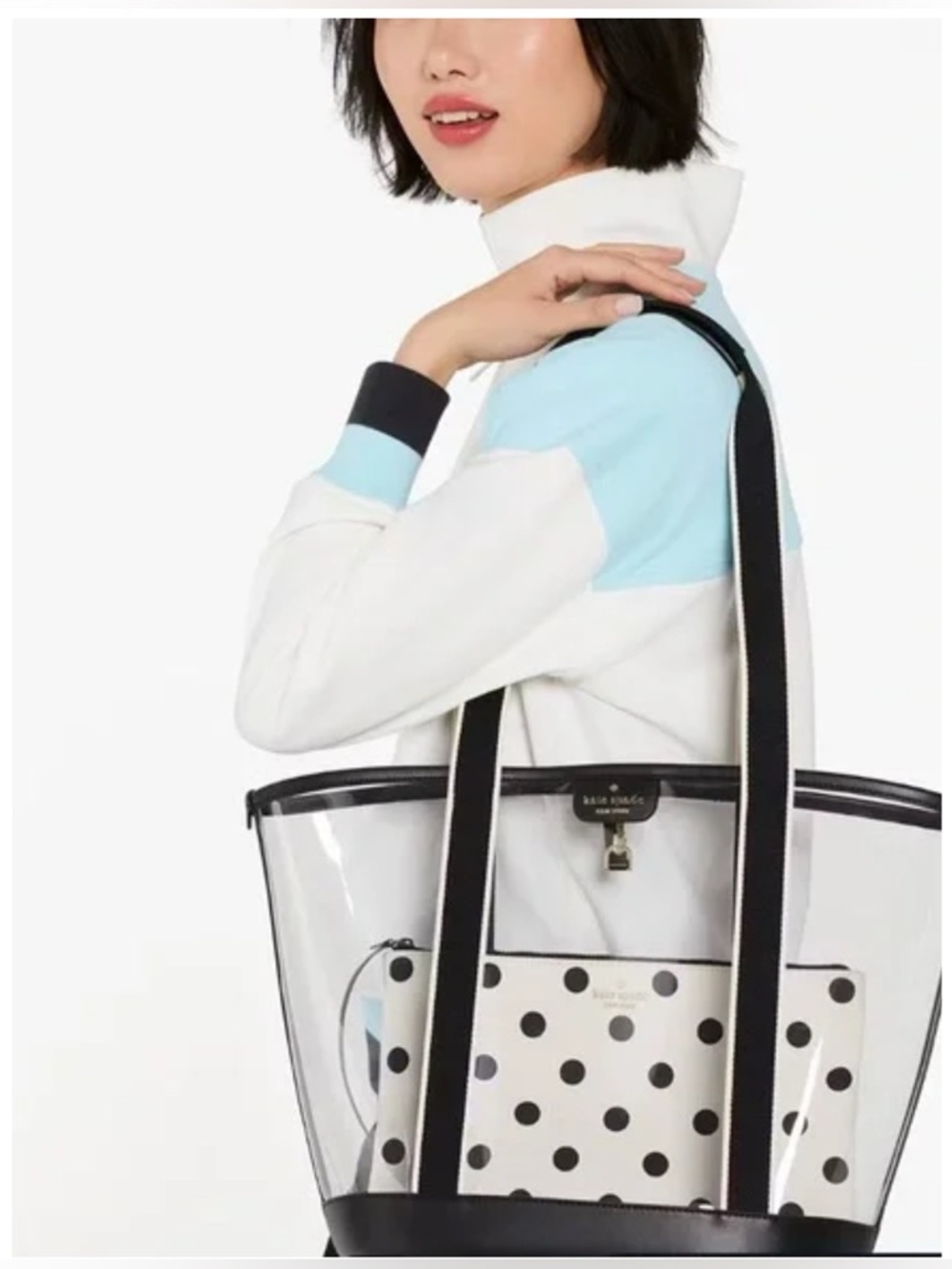 Kate Spade Clare See Through Tote w Polka Dot Pouch Wristlet